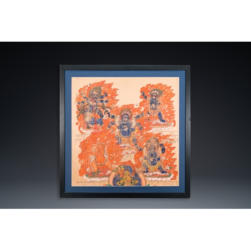 395 - A silk thangka depicting Mahakala, Tibet, 19th C.Description:Dim.: 79 x 78 cm (the frame)Dim.: 64,5 ... 