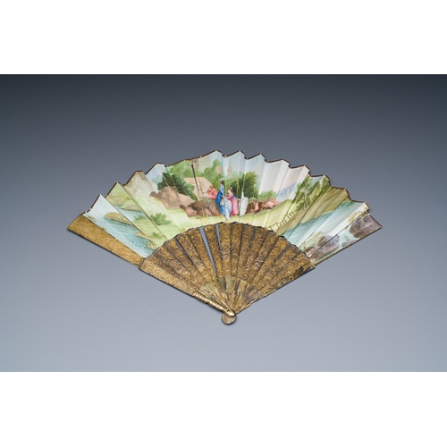 396 - A Chinese gilt filigree silver fan with a romantic subject in watercolour on paper, Canton, 18/19th ... 