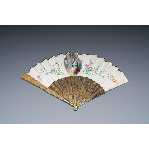 396 - A Chinese gilt filigree silver fan with a romantic subject in watercolour on paper, Canton, 18/19th ... 