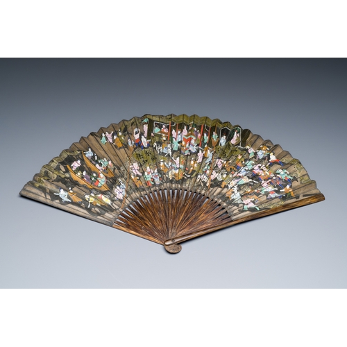 397 - A large Chinese bamboo fan with a 'Water Margin' scene in ink and colours on black paper, Canton, 19... 