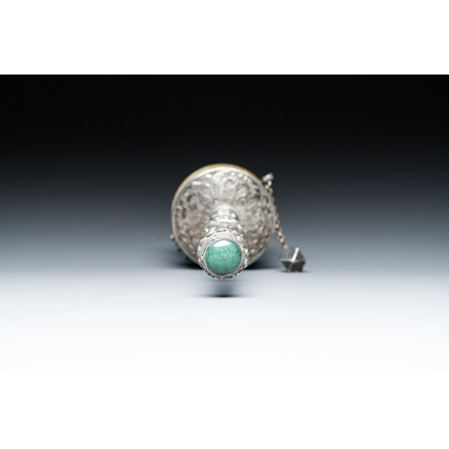 401 - A Tibetan silver prayer wheel with turquoise and coral inlay, 19th C.Description:L.: 25 cmCondition ... 