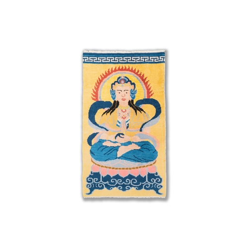 403 - A yellow-ground 'Buddha' rug, China or Tibet, 19/20th C.Description:Dim.: 158 x 85,5 cmCondition rep... 