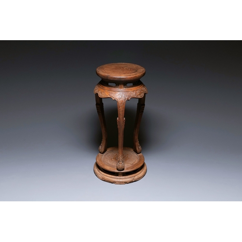 408 - A Chinese huanghuali wood circular incense stand with mythic animals, 'xiangji', MingDescription:H.:... 