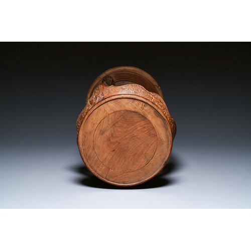 408 - A Chinese huanghuali wood circular incense stand with mythic animals, 'xiangji', MingDescription:H.:... 