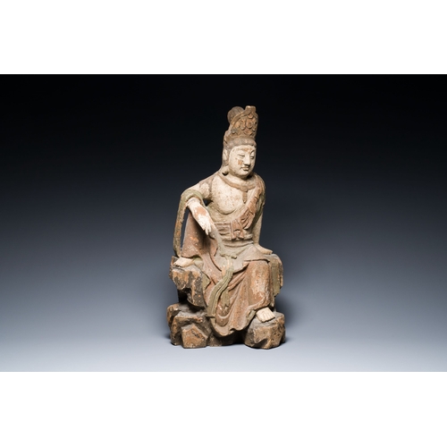 409 - A Chinese polychromed wood sculpture of Guanyin, probably MingDescription:H.: 56,5 cm Provenance:- A... 