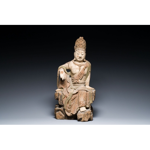 409 - A Chinese polychromed wood sculpture of Guanyin, probably MingDescription:H.: 56,5 cm Provenance:- A... 