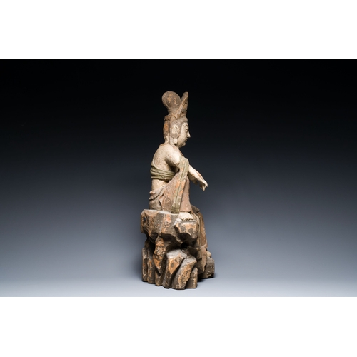 409 - A Chinese polychromed wood sculpture of Guanyin, probably MingDescription:H.: 56,5 cm Provenance:- A... 