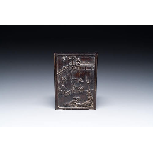 412 - A Chinese square zitan wood brush pot with narrative design, 19th C.Description:H.: 15 cmCondition r... 