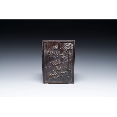 412 - A Chinese square zitan wood brush pot with narrative design, 19th C.Description:H.: 15 cmCondition r... 