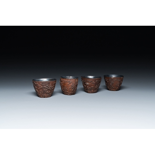 414 - Four Chinese silver-lined coconut cups, Wang Hengxin çæé¦¨ mark, 19/20th C.Description:H.: 5 cm ... 