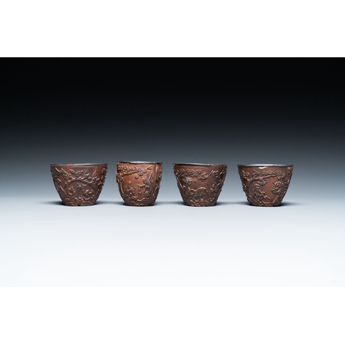 414 - Four Chinese silver-lined coconut cups, Wang Hengxin çæé¦¨ mark, 19/20th C.Description:H.: 5 cm ... 