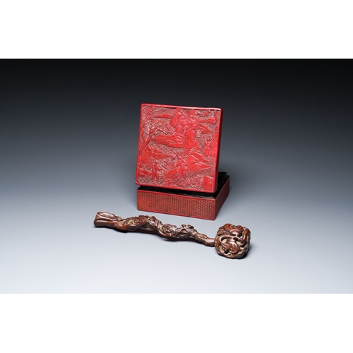 421 - A Chinese carved boxwooden ruyi scepter and a square red lacquer box and cover, Wanli mark, 19/20th ... 