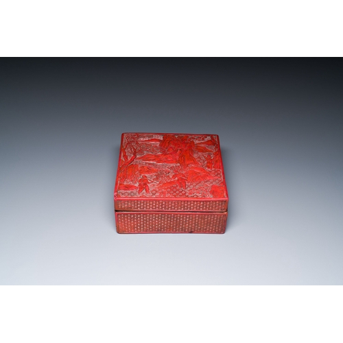 421 - A Chinese carved boxwooden ruyi scepter and a square red lacquer box and cover, Wanli mark, 19/20th ... 