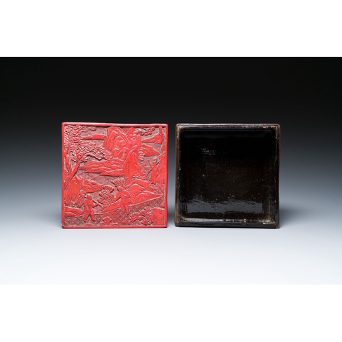 421 - A Chinese carved boxwooden ruyi scepter and a square red lacquer box and cover, Wanli mark, 19/20th ... 