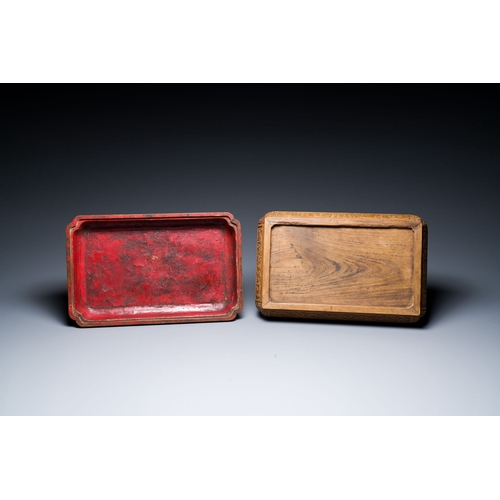 428 - A Chinese rectangular huanghuali wooden box and cover with dragons, 17/18th C.Description:Dim.: 41 x... 