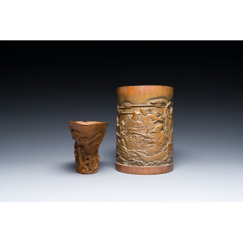 430 - A Chinese bamboo libation cup, a brush pot and three brushes, 19/20th C.Description:L.: 37 cm (the l... 