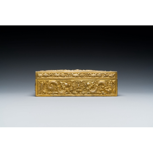 436 - A Chinese rectangular gilt silver 'dragons' box for the Vietnamese market, He Sheng åç seal mark... 