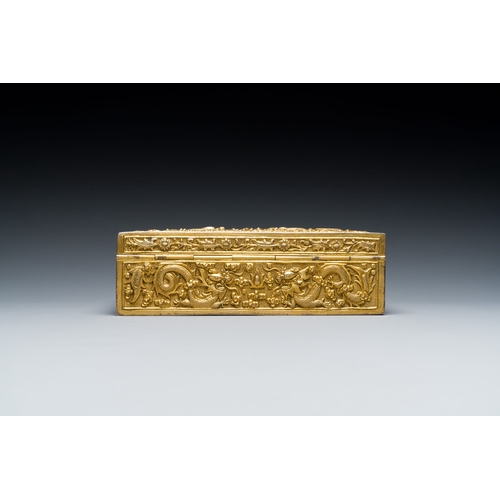 436 - A Chinese rectangular gilt silver 'dragons' box for the Vietnamese market, He Sheng åç seal mark... 