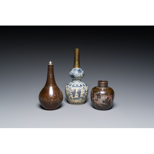 442 - Two Vietnamese copper- and silver-inlaid paktong wares and a Chinese blue and white double gourd vas... 