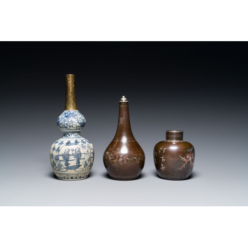 442 - Two Vietnamese copper- and silver-inlaid paktong wares and a Chinese blue and white double gourd vas... 