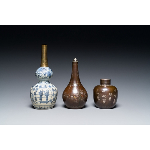 442 - Two Vietnamese copper- and silver-inlaid paktong wares and a Chinese blue and white double gourd vas... 