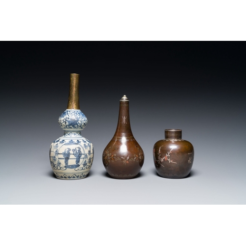 442 - Two Vietnamese copper- and silver-inlaid paktong wares and a Chinese blue and white double gourd vas... 