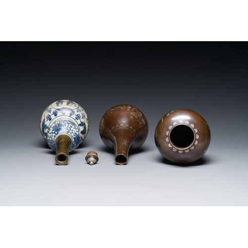 442 - Two Vietnamese copper- and silver-inlaid paktong wares and a Chinese blue and white double gourd vas... 