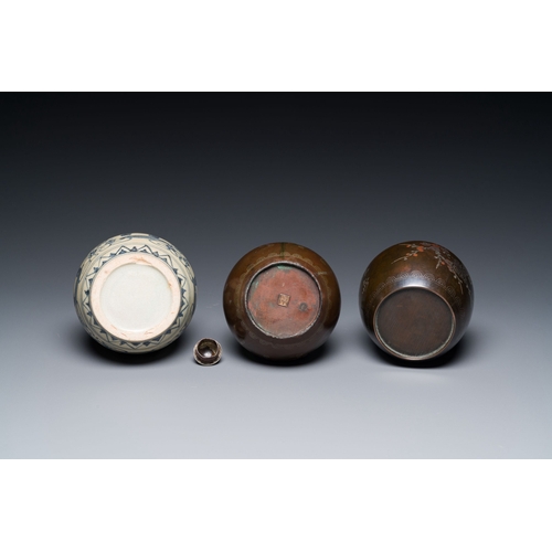 442 - Two Vietnamese copper- and silver-inlaid paktong wares and a Chinese blue and white double gourd vas... 