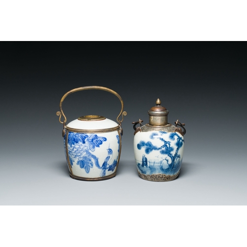 460 - A Chinese blue and white 'Bleu de Hue' waterpipe and a tea caddy for the Vietnamese market, 19th C.D... 