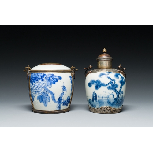 460 - A Chinese blue and white 'Bleu de Hue' waterpipe and a tea caddy for the Vietnamese market, 19th C.D... 