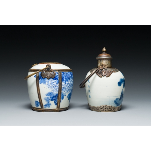 460 - A Chinese blue and white 'Bleu de Hue' waterpipe and a tea caddy for the Vietnamese market, 19th C.D... 