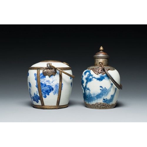 460 - A Chinese blue and white 'Bleu de Hue' waterpipe and a tea caddy for the Vietnamese market, 19th C.D... 