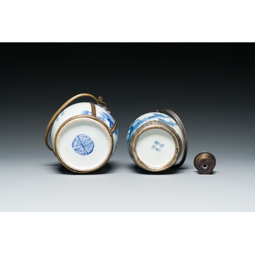 460 - A Chinese blue and white 'Bleu de Hue' waterpipe and a tea caddy for the Vietnamese market, 19th C.D... 