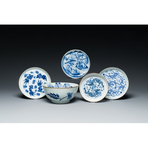 461 - Four Chinese blue and white 'Bleu de Hue' plates and a bowl for the Vietnamese market, various marks... 