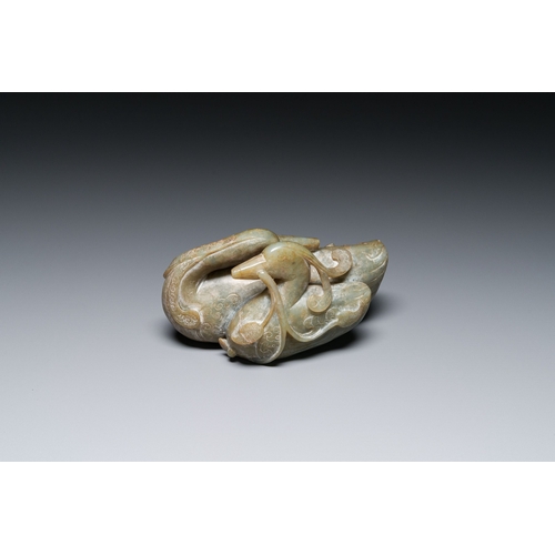 467 - A Chinese celadon jade group of two mandarin ducks, MingDescription:Dim.: 18 x 10 x 8,5 cm Provenanc... 