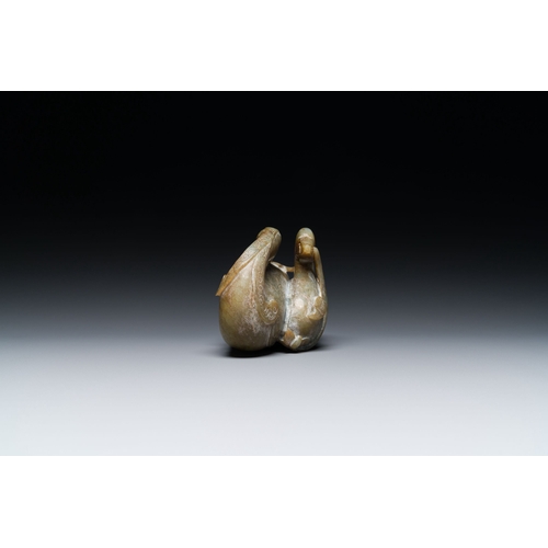 467 - A Chinese celadon jade group of two mandarin ducks, MingDescription:Dim.: 18 x 10 x 8,5 cm Provenanc... 