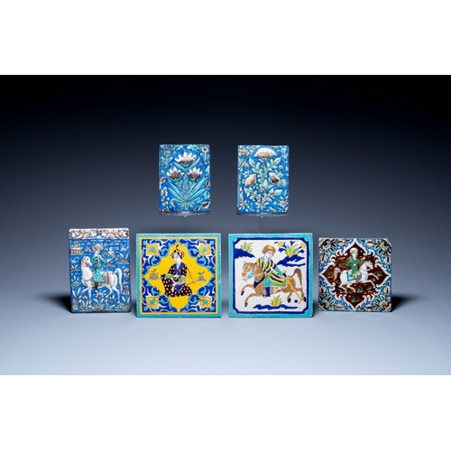 1111 - Six Qajar pottery tiles, Persia, 19th C.Description:Dim.: 22,5 x 16 cm (the falconeer tile)Dim.: 20 ... 