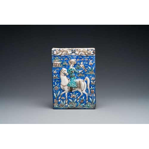 1111 - Six Qajar pottery tiles, Persia, 19th C.Description:Dim.: 22,5 x 16 cm (the falconeer tile)Dim.: 20 ... 