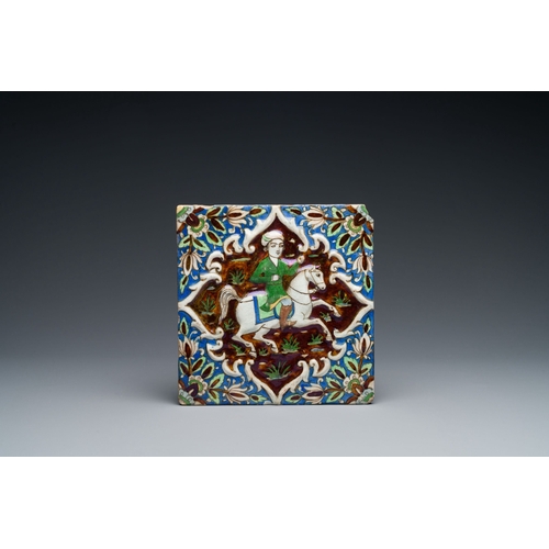 1111 - Six Qajar pottery tiles, Persia, 19th C.Description:Dim.: 22,5 x 16 cm (the falconeer tile)Dim.: 20 ... 