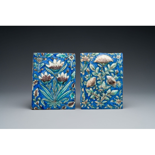 1111 - Six Qajar pottery tiles, Persia, 19th C.Description:Dim.: 22,5 x 16 cm (the falconeer tile)Dim.: 20 ... 