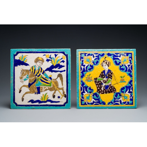 1111 - Six Qajar pottery tiles, Persia, 19th C.Description:Dim.: 22,5 x 16 cm (the falconeer tile)Dim.: 20 ... 