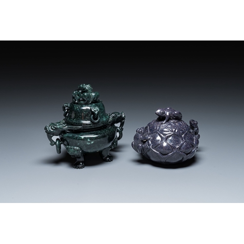 515 - Two Chinese censers and covers in blue and green goldstone or aventurine quartz, 19/20th C.Descripti... 