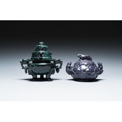 515 - Two Chinese censers and covers in blue and green goldstone or aventurine quartz, 19/20th C.Descripti... 