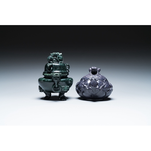 515 - Two Chinese censers and covers in blue and green goldstone or aventurine quartz, 19/20th C.Descripti... 