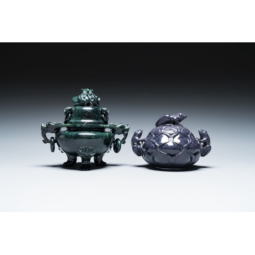 515 - Two Chinese censers and covers in blue and green goldstone or aventurine quartz, 19/20th C.Descripti... 