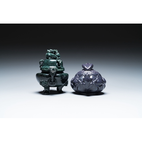 515 - Two Chinese censers and covers in blue and green goldstone or aventurine quartz, 19/20th C.Descripti... 