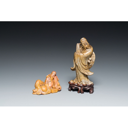 519 - Two Chinese soapstone sculptures of Zhongkui and of Li Bai, signed Ni Zhi, 18/19th C.Description:H.:... 