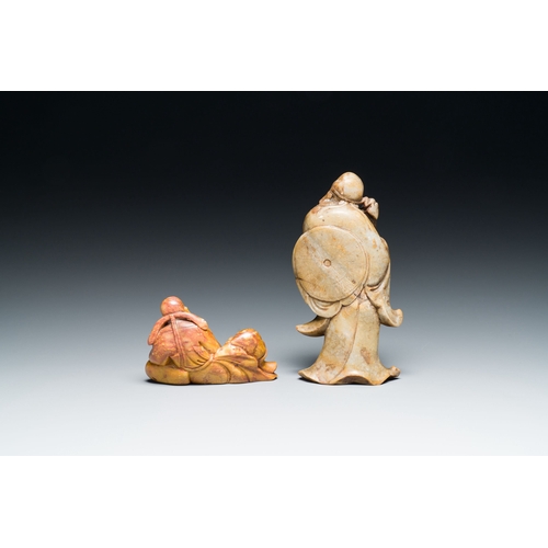 519 - Two Chinese soapstone sculptures of Zhongkui and of Li Bai, signed Ni Zhi, 18/19th C.Description:H.:... 