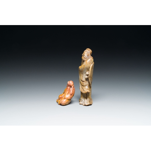 519 - Two Chinese soapstone sculptures of Zhongkui and of Li Bai, signed Ni Zhi, 18/19th C.Description:H.:... 