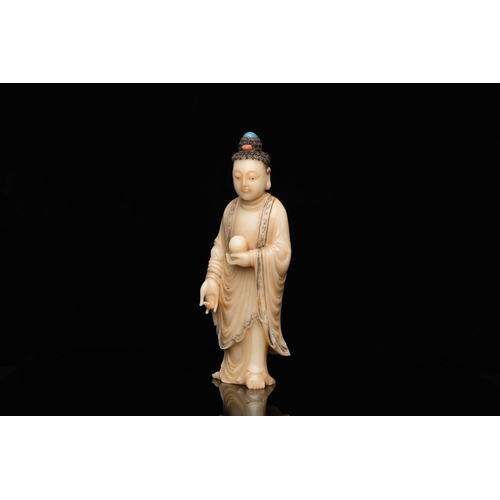 520 - A Chinese carved soapstone figure of the Medicine Buddha or Bhaishajyaguru, QingDescription:H.: 15 c... 